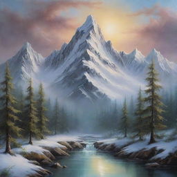 Stunning mystical mountain landscape painting in the style of Bob Ross, featuring tall snowy peaks, dense forest undergrowth, with an epic, ethereal ambiance.