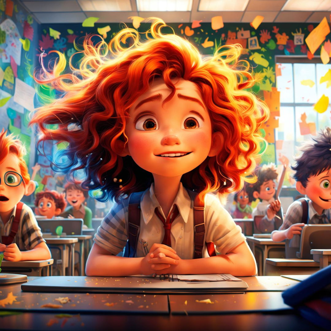 A scene reminiscent of a classic Pixar movie, featuring a lively classroom and a spirited little girl with wild red hair and freckles, embodying the magic of childhood.