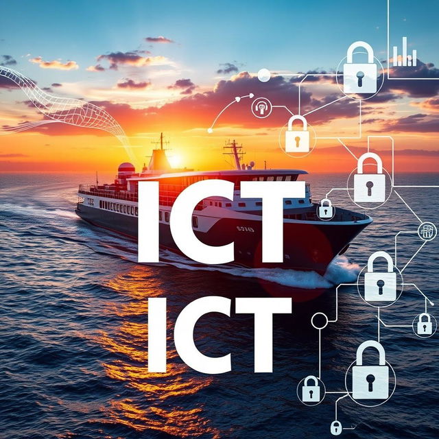 A realistic cover page design for a book on Information and Communication Technology (ICT) utilized in seagoing ships