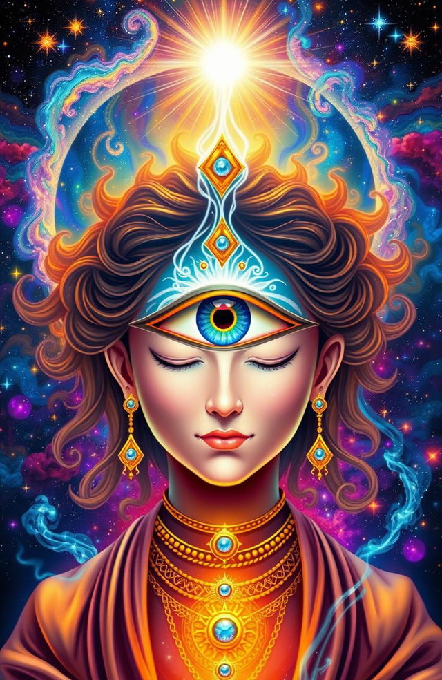 A mystical and vibrant representation of the third eye, depicted as a large, luminous eye at the center of a person's forehead, surrounded by swirling energy and cosmic patterns