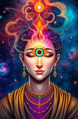 A mystical and vibrant representation of the third eye, depicted as a large, luminous eye at the center of a person's forehead, surrounded by swirling energy and cosmic patterns