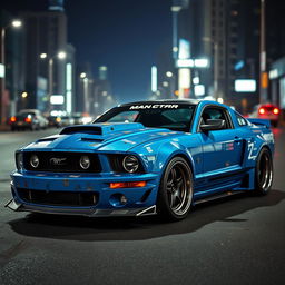 A blue 2006 Ford Mustang rat rod featuring a very aggressive widebody kit, with scratched paint and mismatched body panels that emphasize its unique character