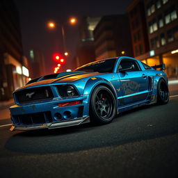 A blue 2006 Ford Mustang rat rod featuring a very aggressive widebody kit, with scratched paint and mismatched body panels that emphasize its unique character