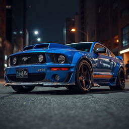 A blue 2006 Ford Mustang rat rod featuring a very aggressive widebody kit, with scratched paint and mismatched body panels that emphasize its unique character