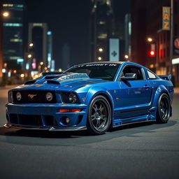 A blue 2006 Ford Mustang rat rod featuring a very aggressive widebody kit, with scratched paint and mismatched body panels that emphasize its unique character
