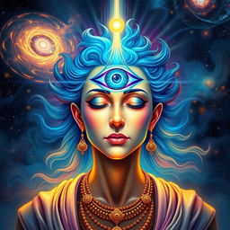 A mystical and vibrant representation of a person with a prominent third eye, depicted as a large, luminous eye centered on their forehead