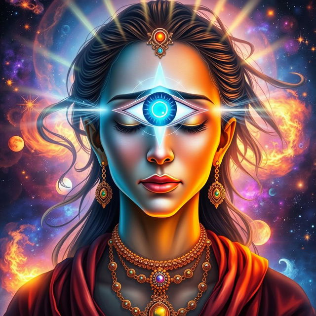 A mystical and vibrant representation of a person with a prominent third eye, depicted as a large, luminous eye centered on their forehead