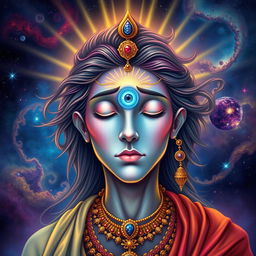 A mystical and vibrant representation of a person with a prominent third eye, depicted as a large, luminous eye centered on their forehead