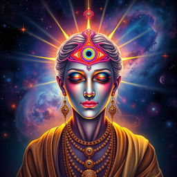 A mystical and vibrant representation of a person with a prominent third eye, depicted as a large, luminous eye centered on their forehead