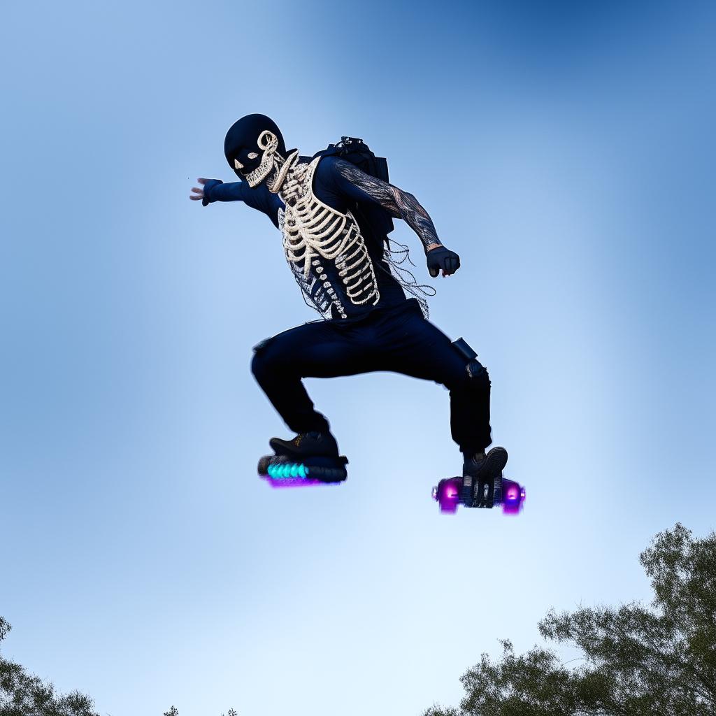 An armed kidnapper wearing a skeleton face mask and bullet-proof vest, striking an imposing figure as he rides on a hover-board in mid-air.