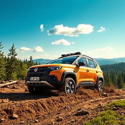 A scenic and adventurous depiction of a Fiat Idea Adventure vehicle prominently featured in an off-road setting