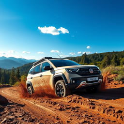 A scenic and adventurous depiction of a Fiat Idea Adventure vehicle prominently featured in an off-road setting