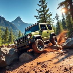 A thrilling off-road scene featuring a Suzuki Jimny, showcasing its compact yet rugged design as it navigates through a challenging terrain