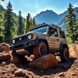 A thrilling off-road scene featuring a Suzuki Jimny, showcasing its compact yet rugged design as it navigates through a challenging terrain