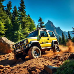 A thrilling off-road scene featuring a Suzuki Jimny, showcasing its compact yet rugged design as it navigates through a challenging terrain
