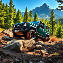 A thrilling off-road scene featuring a Suzuki Jimny, showcasing its compact yet rugged design as it navigates through a challenging terrain