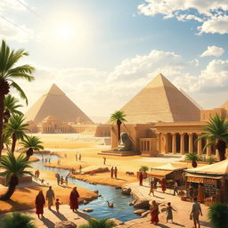 An exploratory landscape of ancient Egypt, showcasing iconic pyramids and the Sphinx under a bright desert sky, with lush palm trees and the Nile River flowing in the foreground