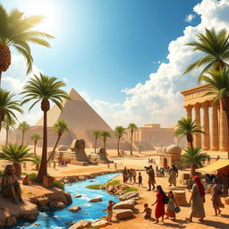 An exploratory landscape of ancient Egypt, showcasing iconic pyramids and the Sphinx under a bright desert sky, with lush palm trees and the Nile River flowing in the foreground