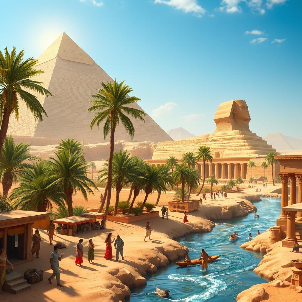 An exploratory landscape of ancient Egypt, showcasing iconic pyramids and the Sphinx under a bright desert sky, with lush palm trees and the Nile River flowing in the foreground