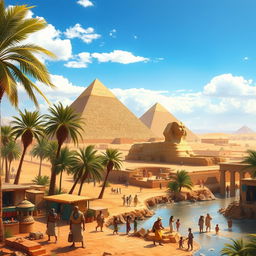 An exploratory landscape of ancient Egypt, showcasing iconic pyramids and the Sphinx under a bright desert sky, with lush palm trees and the Nile River flowing in the foreground