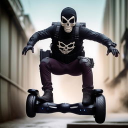 An armed kidnapper wearing a skeleton face mask and bullet-proof vest, striking an imposing figure as he rides on a hover-board in mid-air.