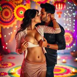 A seductive scene featuring an attractive woman inspired by Nushrath Bharucha, dressed in a short skirt and striking red lipstick