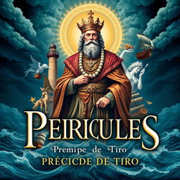 Cover design for the play 'Péricles, Príncipe de Tiro' featuring a dramatic and artistic representation of its themes