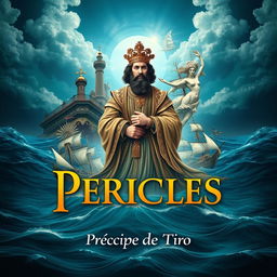 Cover design for the play 'Péricles, Príncipe de Tiro' featuring a dramatic and artistic representation of its themes