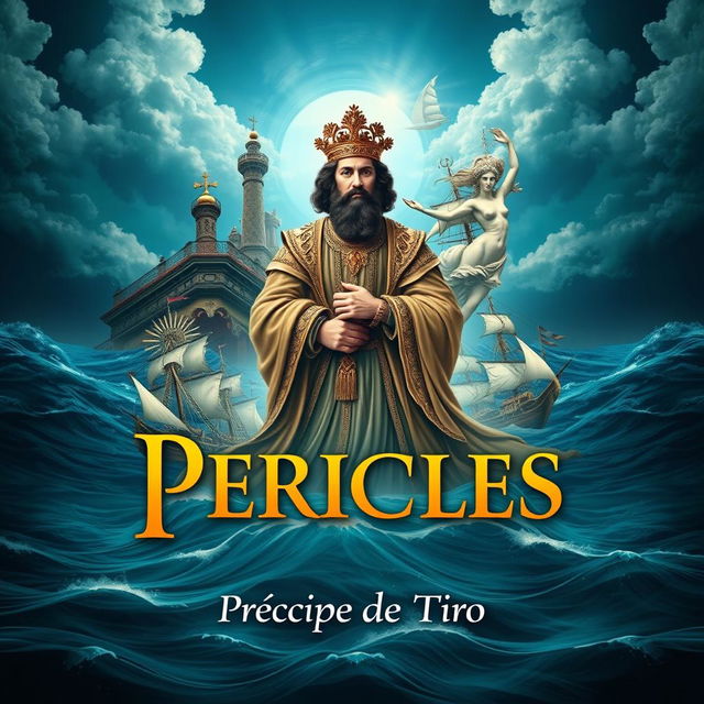 Cover design for the play 'Péricles, Príncipe de Tiro' featuring a dramatic and artistic representation of its themes