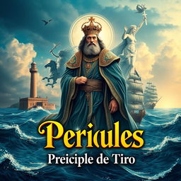 Cover design for the play 'Péricles, Príncipe de Tiro' featuring a dramatic and artistic representation of its themes
