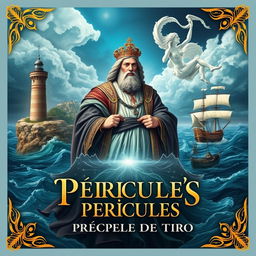 Cover design for the play 'Péricles, Príncipe de Tiro' featuring a dramatic and artistic representation of its themes