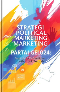 A modern and sleek book cover design for a political marketing strategy book titled 'Strategi Political Marketing Partai Gelora Pada Pemilu 2024: Studi pada DPD Partai Gelora Kabupaten Lombok Tengah'