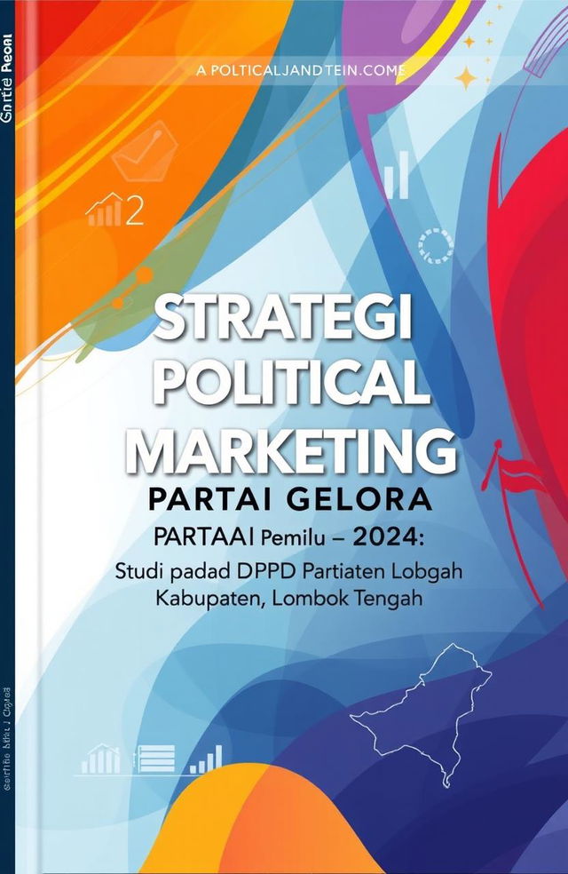 A modern and sleek book cover design for a political marketing strategy book titled 'Strategi Political Marketing Partai Gelora Pada Pemilu 2024: Studi pada DPD Partai Gelora Kabupaten Lombok Tengah'