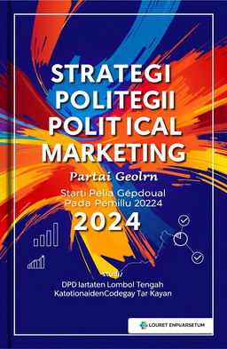 A modern and sleek book cover design for a political marketing strategy book titled 'Strategi Political Marketing Partai Gelora Pada Pemilu 2024: Studi pada DPD Partai Gelora Kabupaten Lombok Tengah'