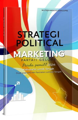 A modern and sleek book cover design for a political marketing strategy book titled 'Strategi Political Marketing Partai Gelora Pada Pemilu 2024: Studi pada DPD Partai Gelora Kabupaten Lombok Tengah'