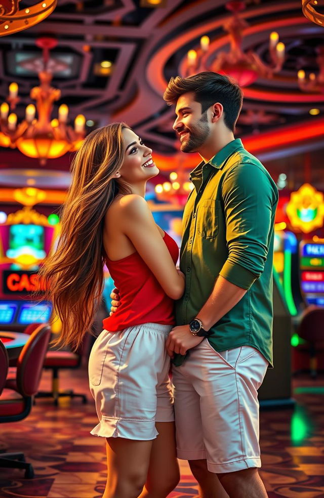 A romantic scene depicting a love story between two people who met in a vibrant casino in Italy