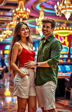 A romantic scene depicting a love story between two people who met in a vibrant casino in Italy