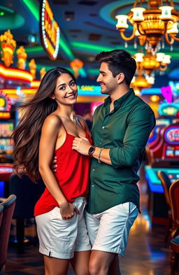 A romantic scene depicting a love story between two people who met in a vibrant casino in Italy