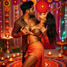 A seductive scene featuring an attractive woman inspired by Nushrath Bharucha, dressed in a short skirt and striking red lipstick