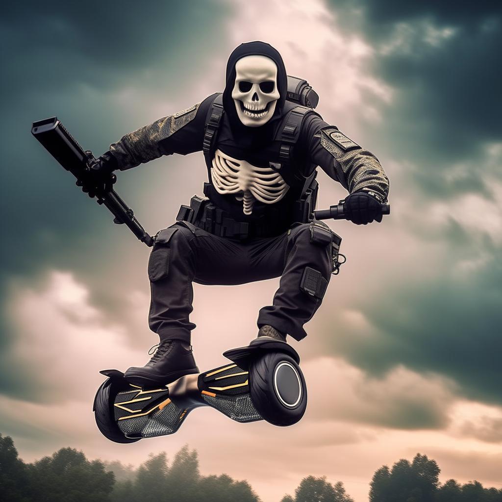 A rifle-armed kidnapper donned in a skeleton face mask and normal bullet-proof vest, effortlessly riding on a hover-board high in the sky.