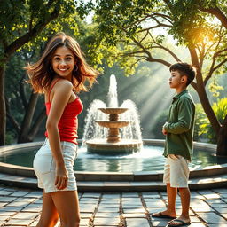 An enchanting book cover capturing a love story between two people who met near an isolated, serene place adorned with a beautiful fountain surrounded by lush trees