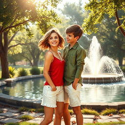 An enchanting book cover capturing a love story between two people who met near an isolated, serene place adorned with a beautiful fountain surrounded by lush trees
