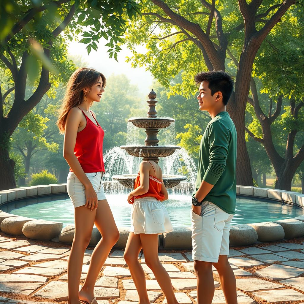 An enchanting book cover capturing a love story between two people who met near an isolated, serene place adorned with a beautiful fountain surrounded by lush trees