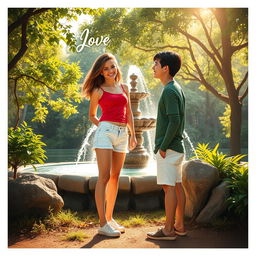 An enchanting book cover capturing a love story between two people who met near an isolated, serene place adorned with a beautiful fountain surrounded by lush trees