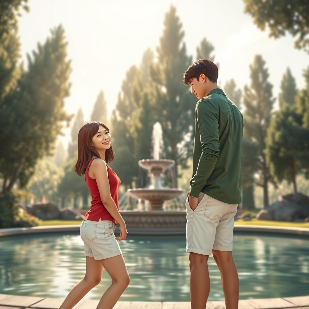 A captivating book cover design illustrating the enchanting love story between two people who met near an isolated, serene location featuring a charming fountain surrounded by tall trees