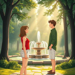 A captivating book cover design illustrating the enchanting love story between two people who met near an isolated, serene location featuring a charming fountain surrounded by tall trees