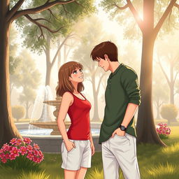 A captivating book cover design illustrating the enchanting love story between two people who met near an isolated, serene location featuring a charming fountain surrounded by tall trees