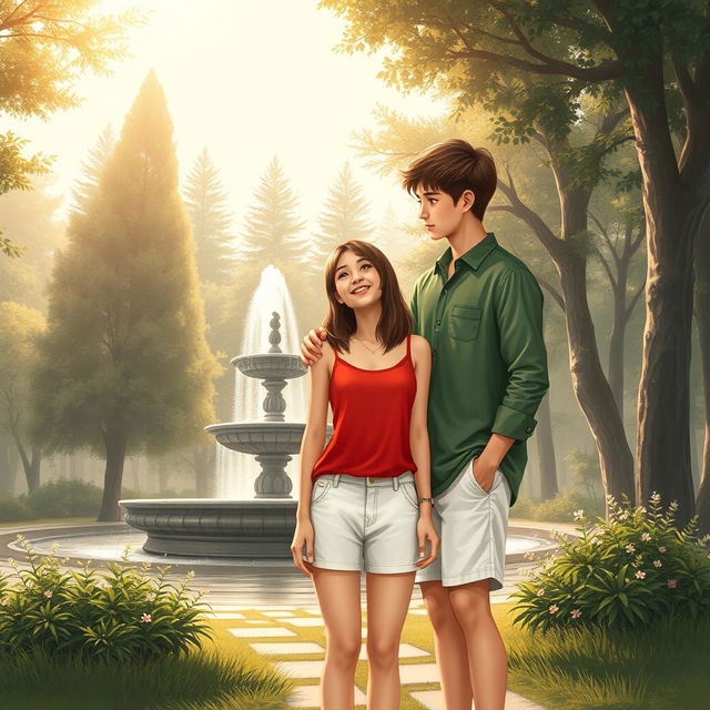 A captivating book cover design illustrating the enchanting love story between two people who met near an isolated, serene location featuring a charming fountain surrounded by tall trees