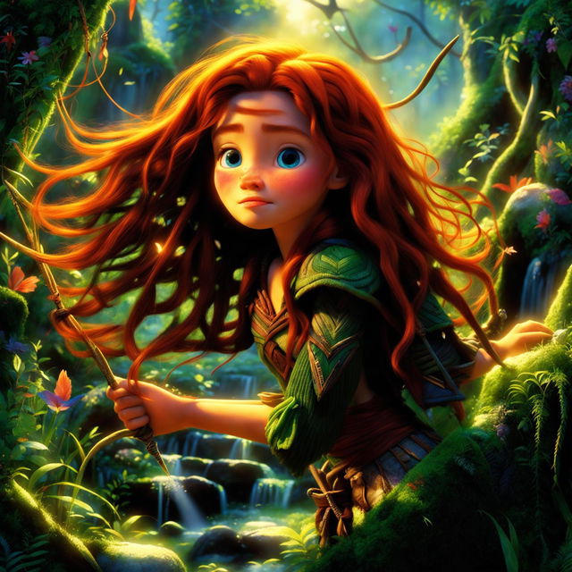 A vibrant Pixar movie scene featuring a girl with wild red hair in a lush forest, radiating joy and adventure.