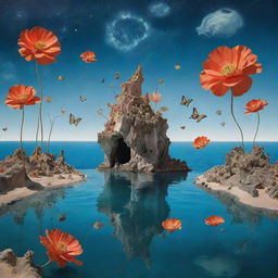 Surreal scene in the style of Salvador Dali, with giant flowers sprouting from floating islands. Masterfully blend elements of coral reefs, butterflies, and stars into the composition.